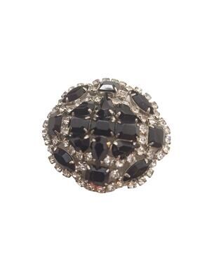 Vtg Dome Oval Black and Clear Rhinestone Brooch Silver Tone